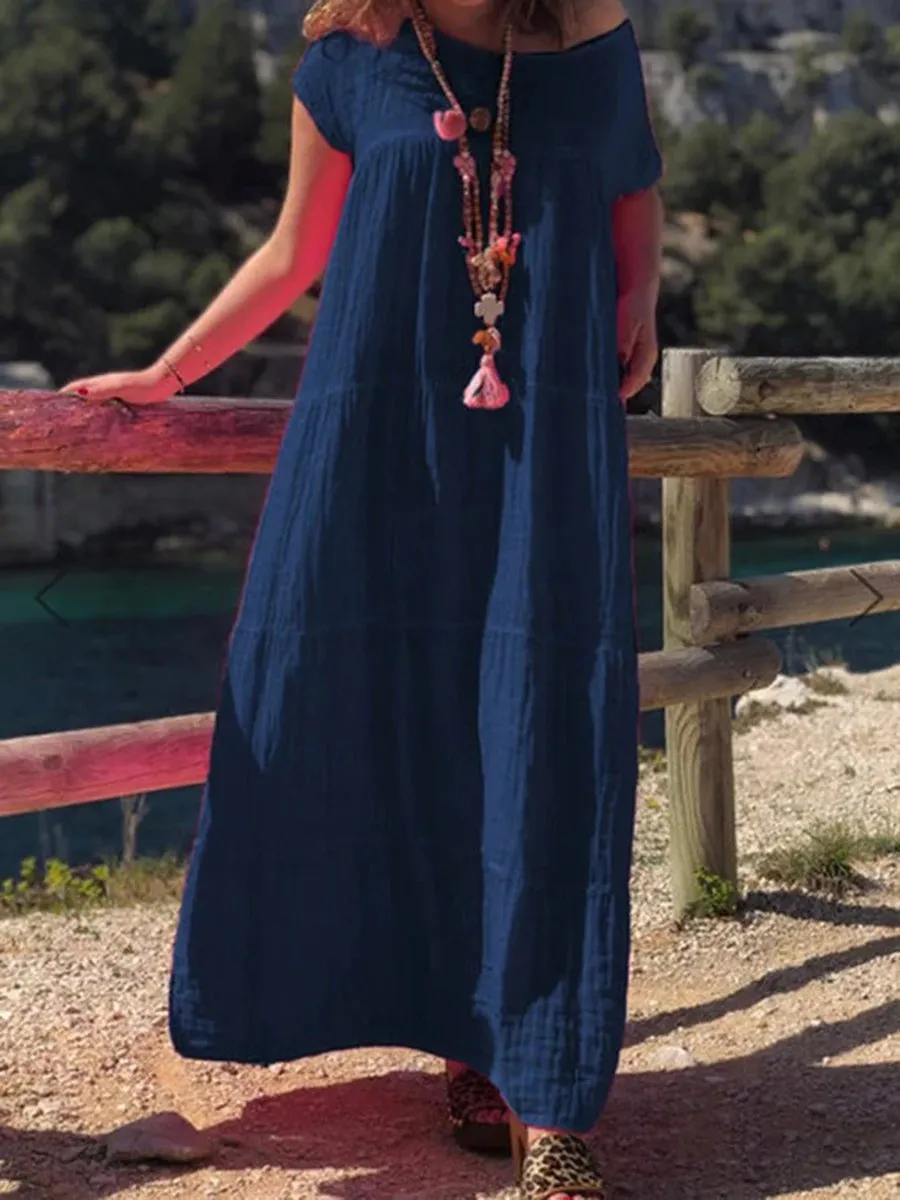 Cotton and Linen Short Sleeve Round Neck Casual Dress