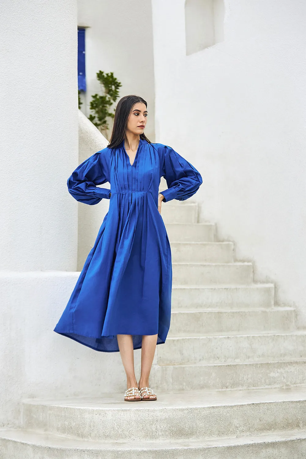 Cotton Midi Dress With Bishop Sleeves