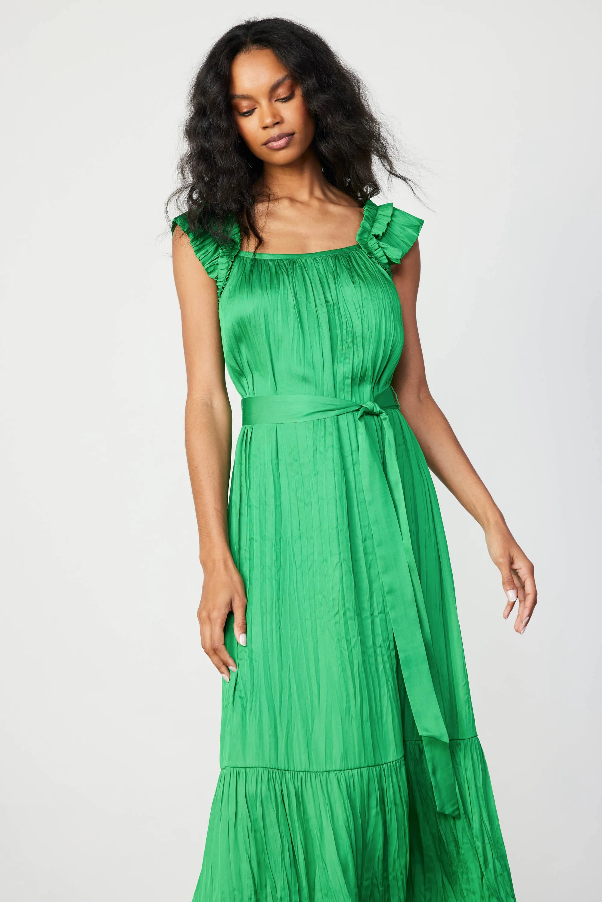 Crinkled Ruffled Shoulder Midi Dress