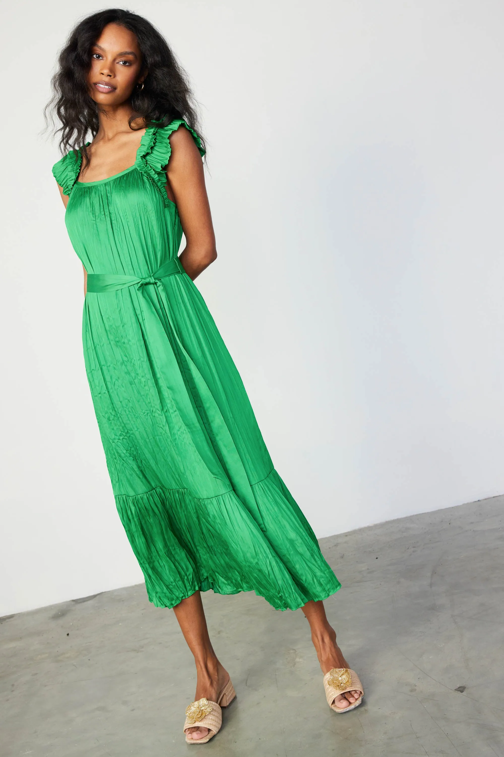 Crinkled Ruffled Shoulder Midi Dress