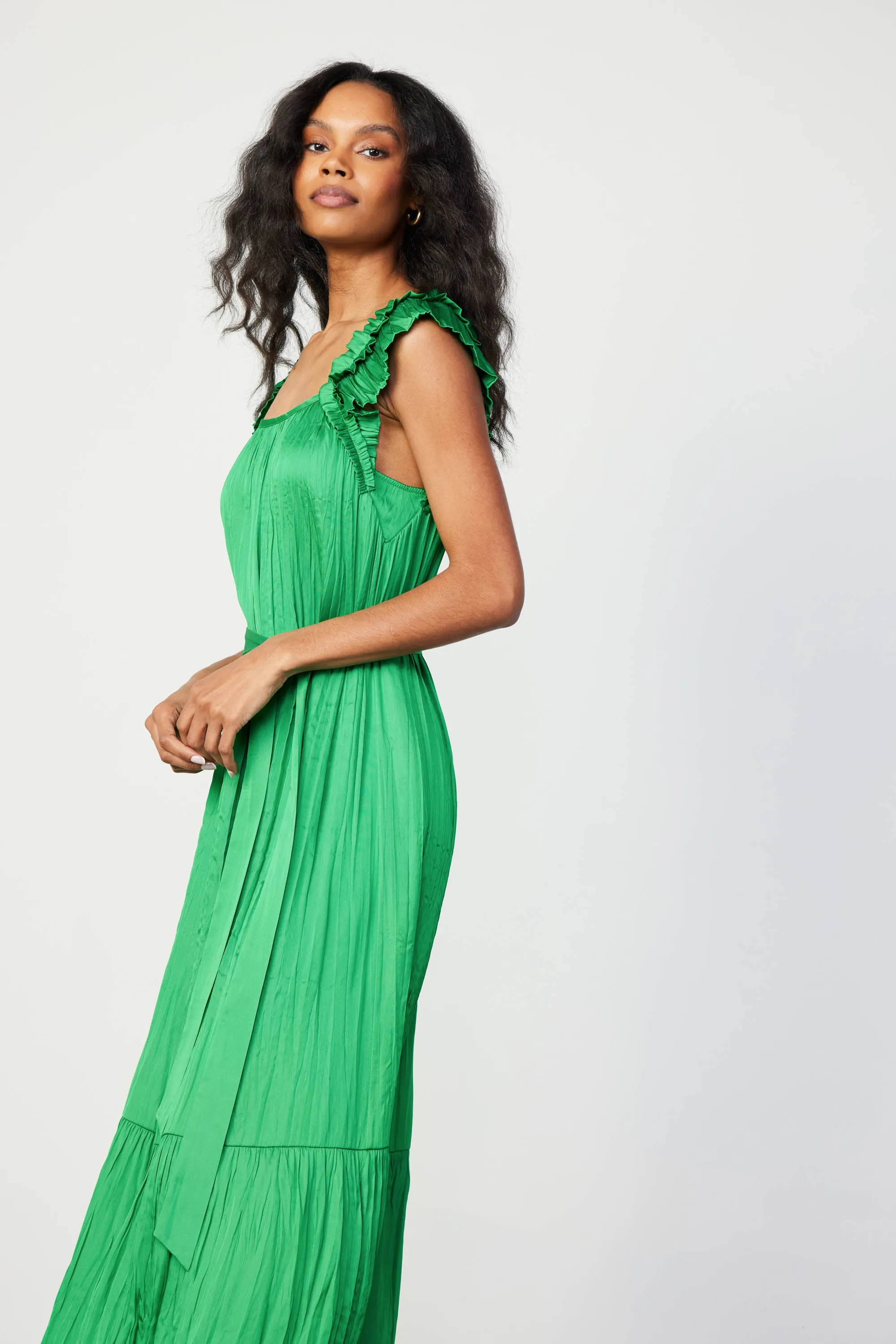 Crinkled Ruffled Shoulder Midi Dress