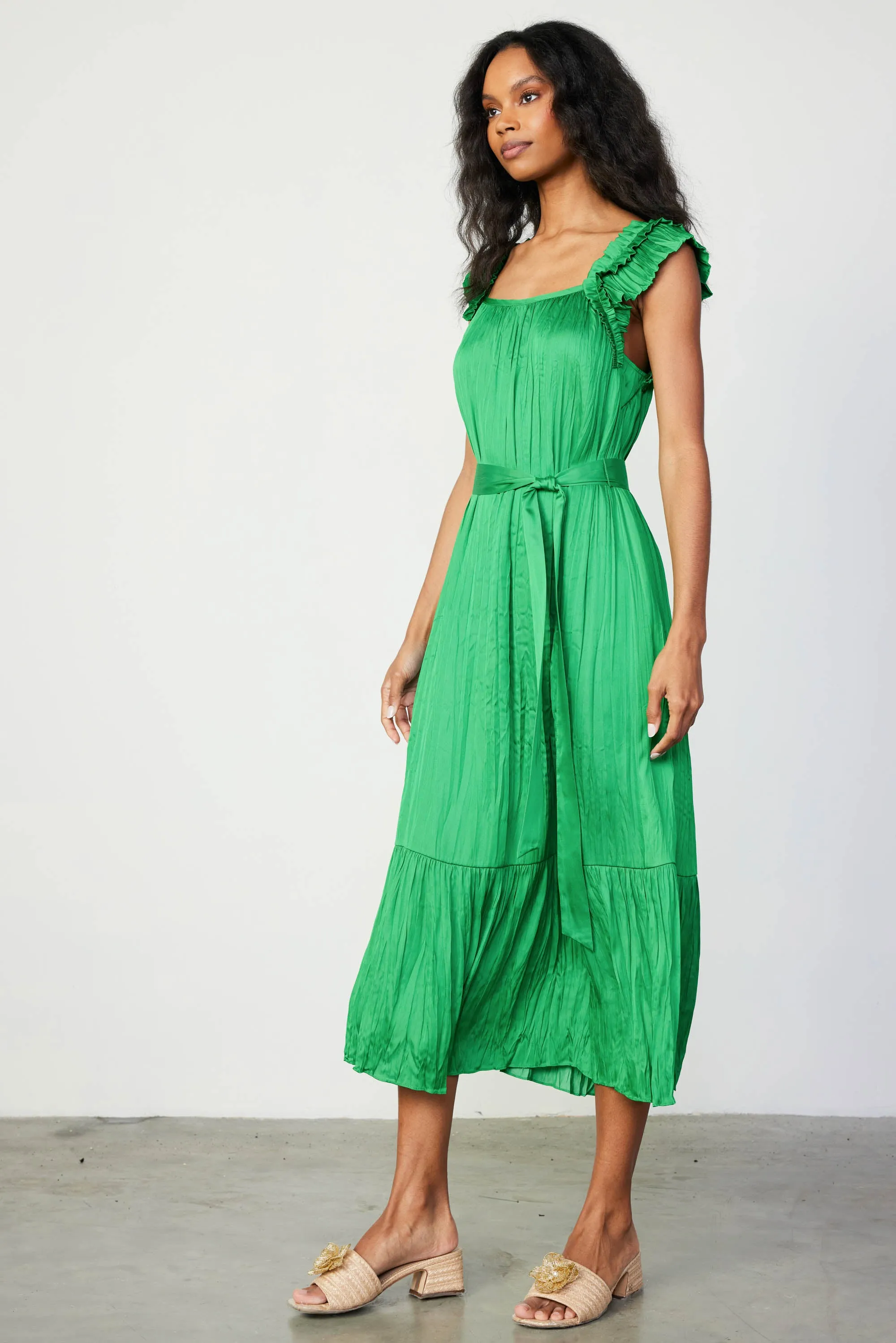 Crinkled Ruffled Shoulder Midi Dress