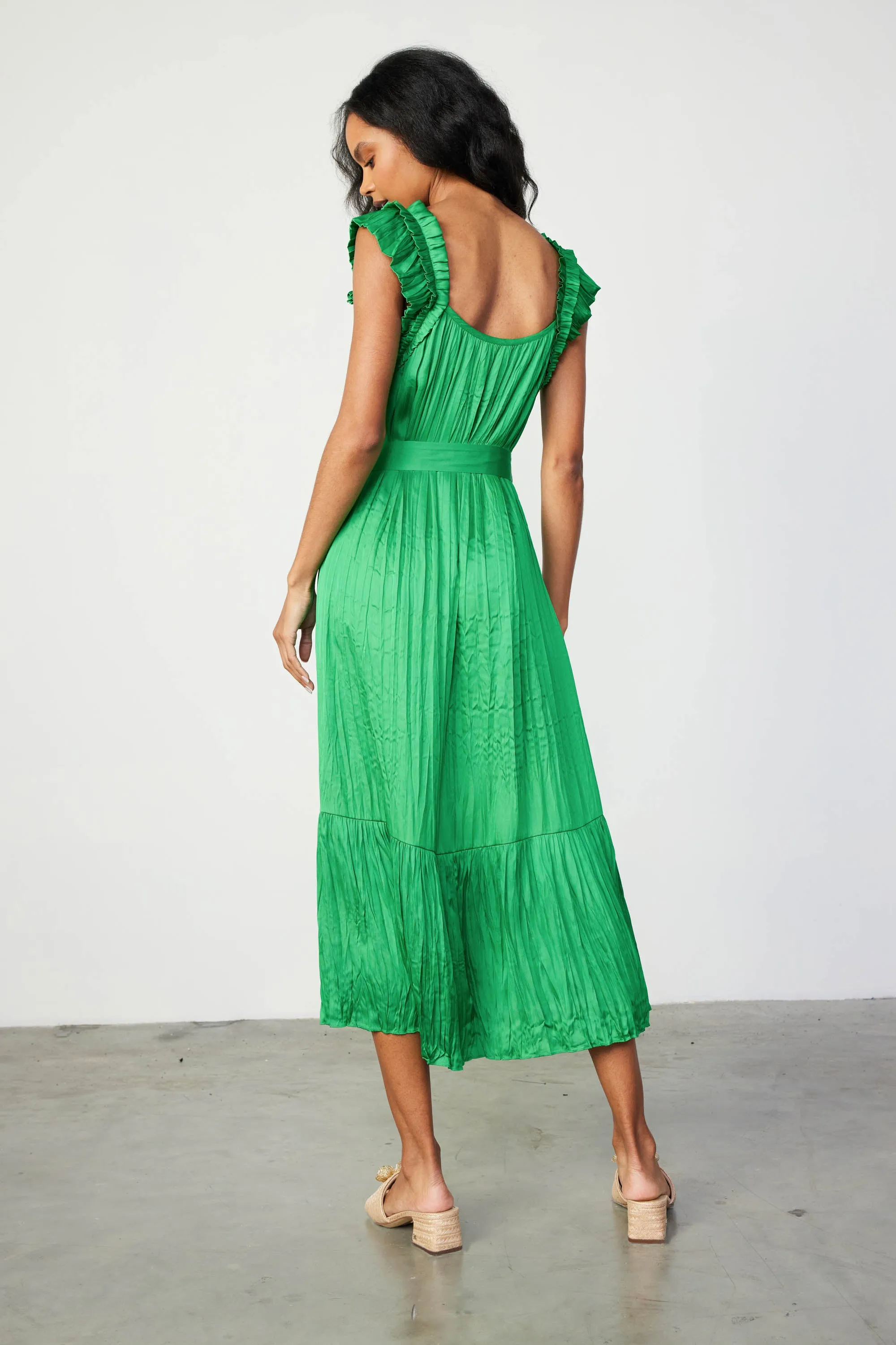 Crinkled Ruffled Shoulder Midi Dress