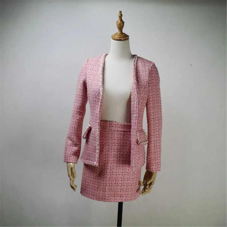 Custom Made V Neck Pearls Decoration Tweed Pink Colour Dress/Shorts/Skirt Suit
