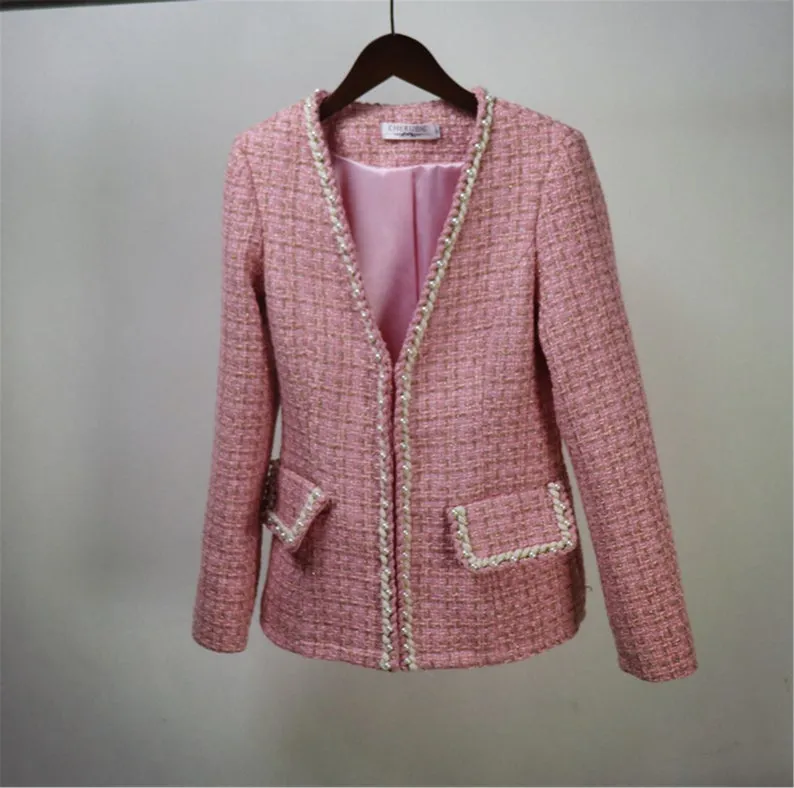 Custom Made V Neck Pearls Decoration Tweed Pink Colour Dress/Shorts/Skirt Suit