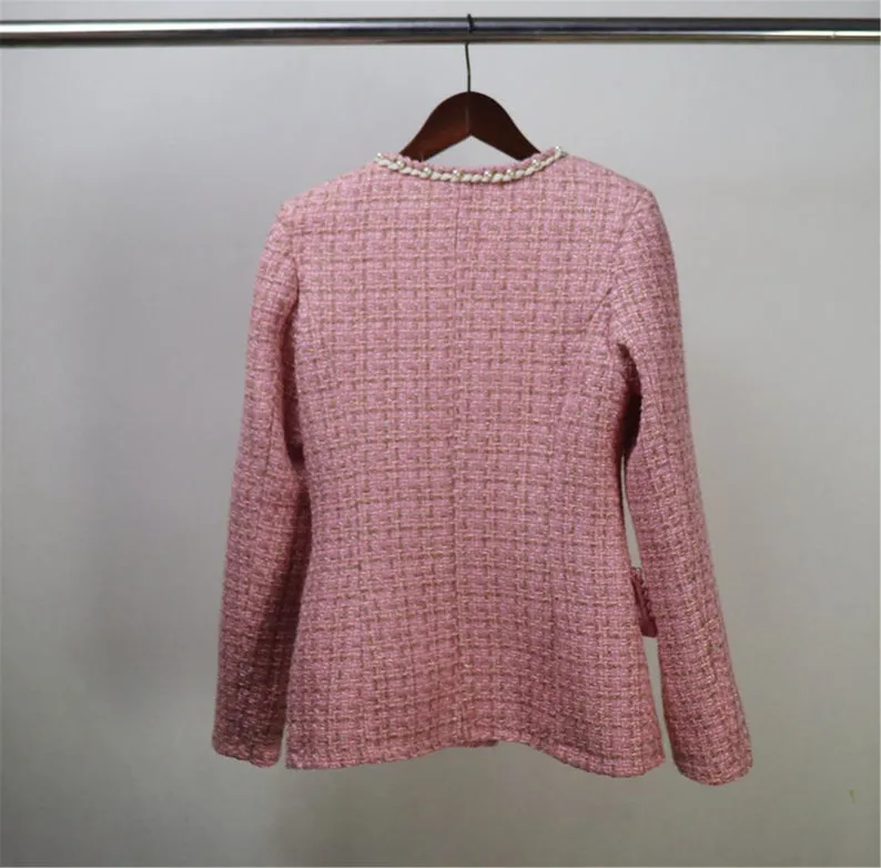 Custom Made V Neck Pearls Decoration Tweed Pink Colour Dress/Shorts/Skirt Suit