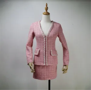 Custom Made V Neck Pearls Decoration Tweed Pink Colour Dress/Shorts/Skirt Suit