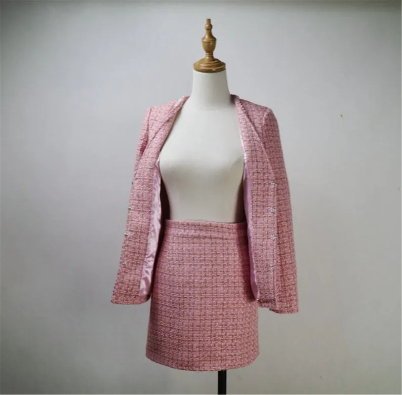 Custom Made V Neck Pearls Decoration Tweed Pink Colour Dress/Shorts/Skirt Suit