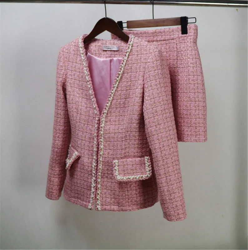 Custom Made V Neck Pearls Decoration Tweed Pink Colour Dress/Shorts/Skirt Suit