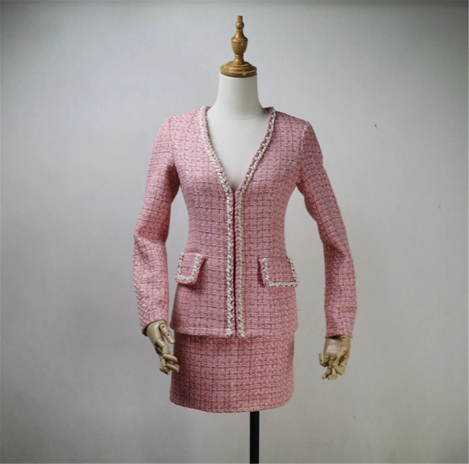 Custom Made V Neck Pearls Decoration Tweed Pink Colour Dress/Shorts/Skirt Suit