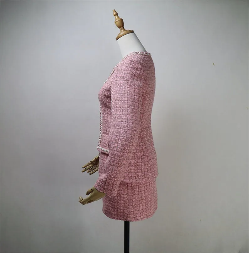 Custom Made V Neck Pearls Decoration Tweed Pink Colour Dress/Shorts/Skirt Suit