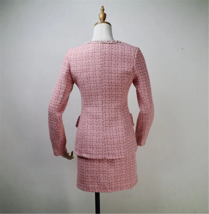 Custom Made V Neck Pearls Decoration Tweed Pink Colour Dress/Shorts/Skirt Suit