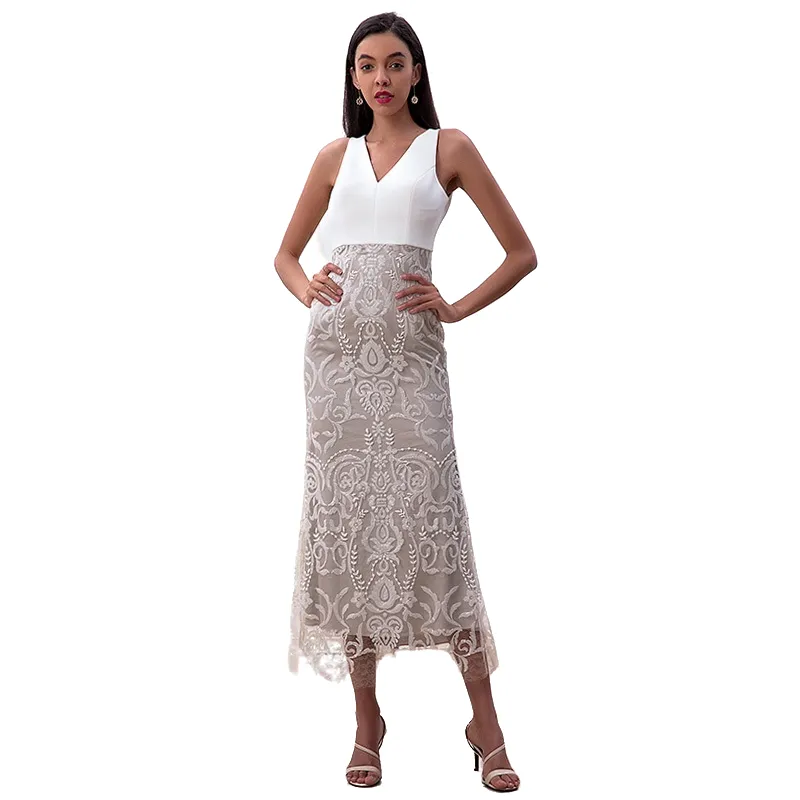 D187 Women sequin embellished V-neck fluted midi evening dress