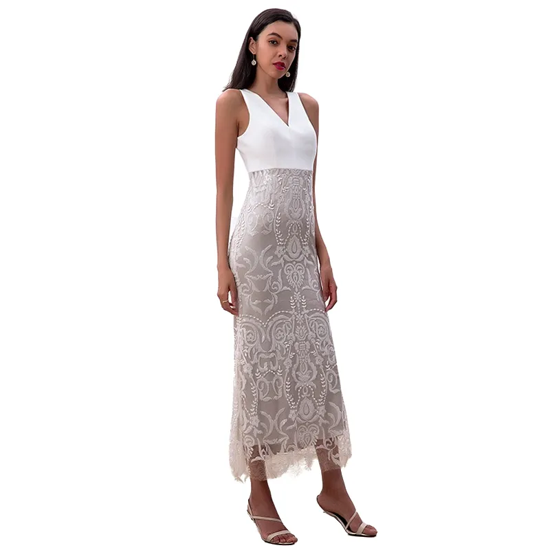D187 Women sequin embellished V-neck fluted midi evening dress