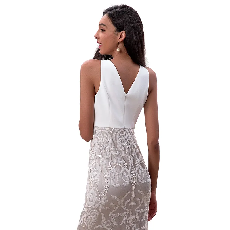 D187 Women sequin embellished V-neck fluted midi evening dress