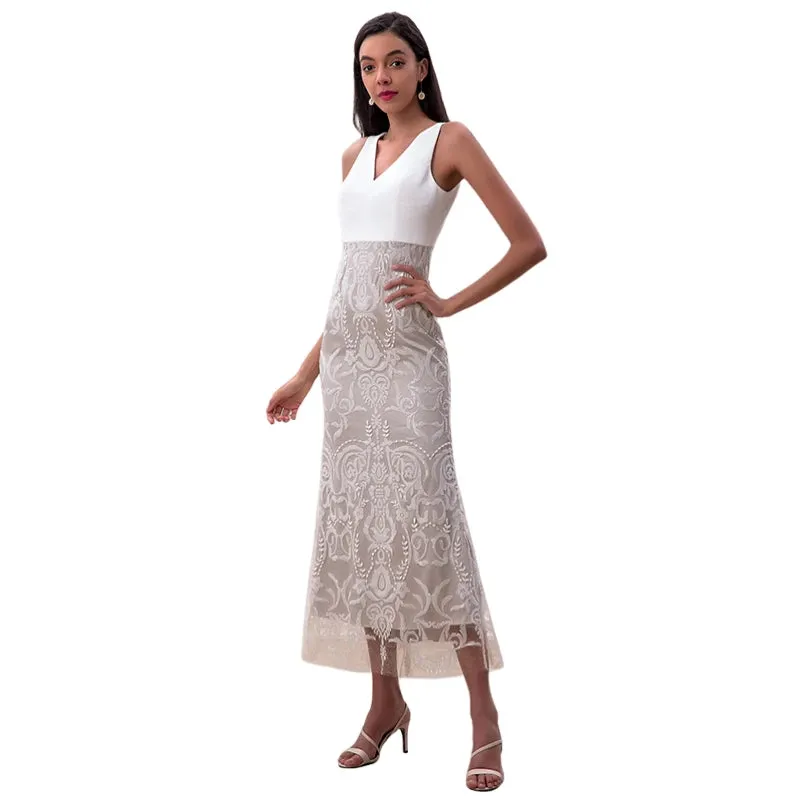 D187 Women sequin embellished V-neck fluted midi evening dress