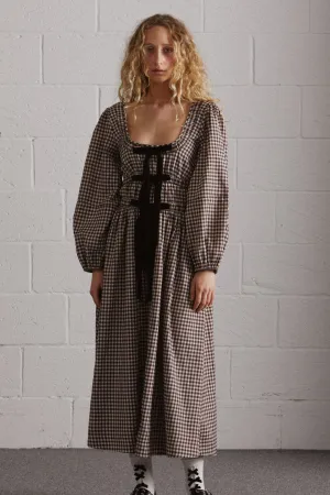 dakota bow midi dress - chocolate check