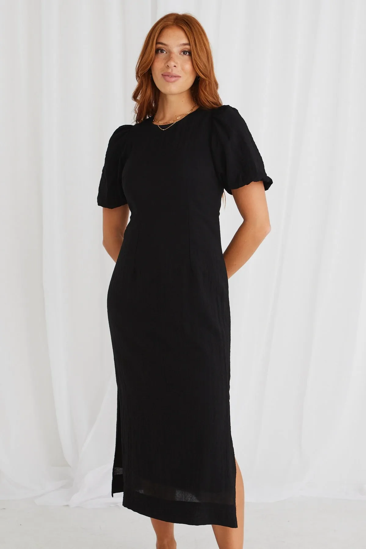 Elder Black Puff Sleeve Tie Midi Dress