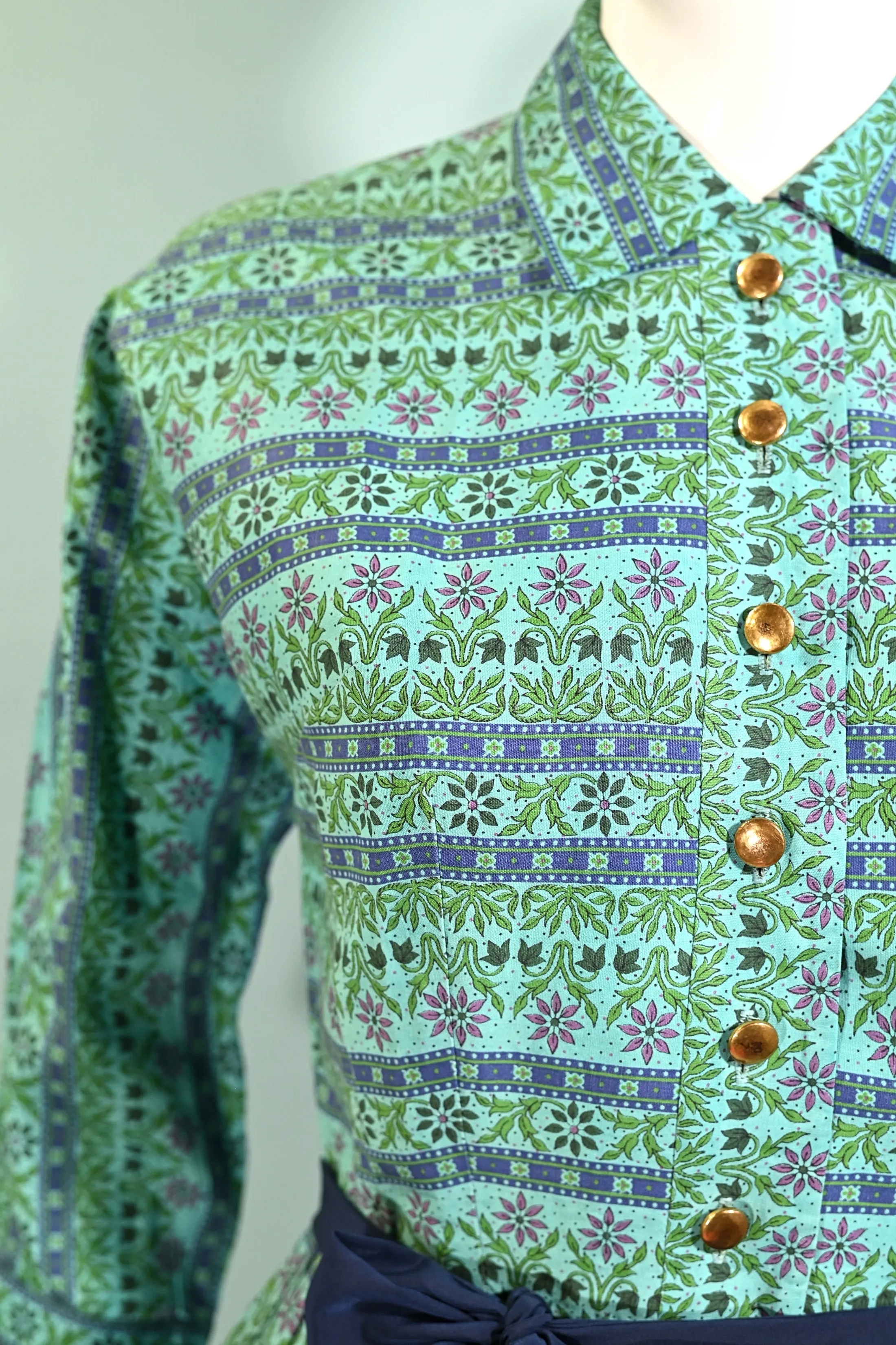 Factor of Boston, Vintage 50s/60s Turquoise Shirtwaist Dress, Fitted 26" Waist