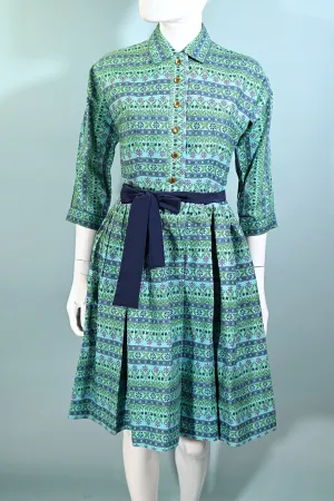 Factor of Boston, Vintage 50s/60s Turquoise Shirtwaist Dress, Fitted 26" Waist