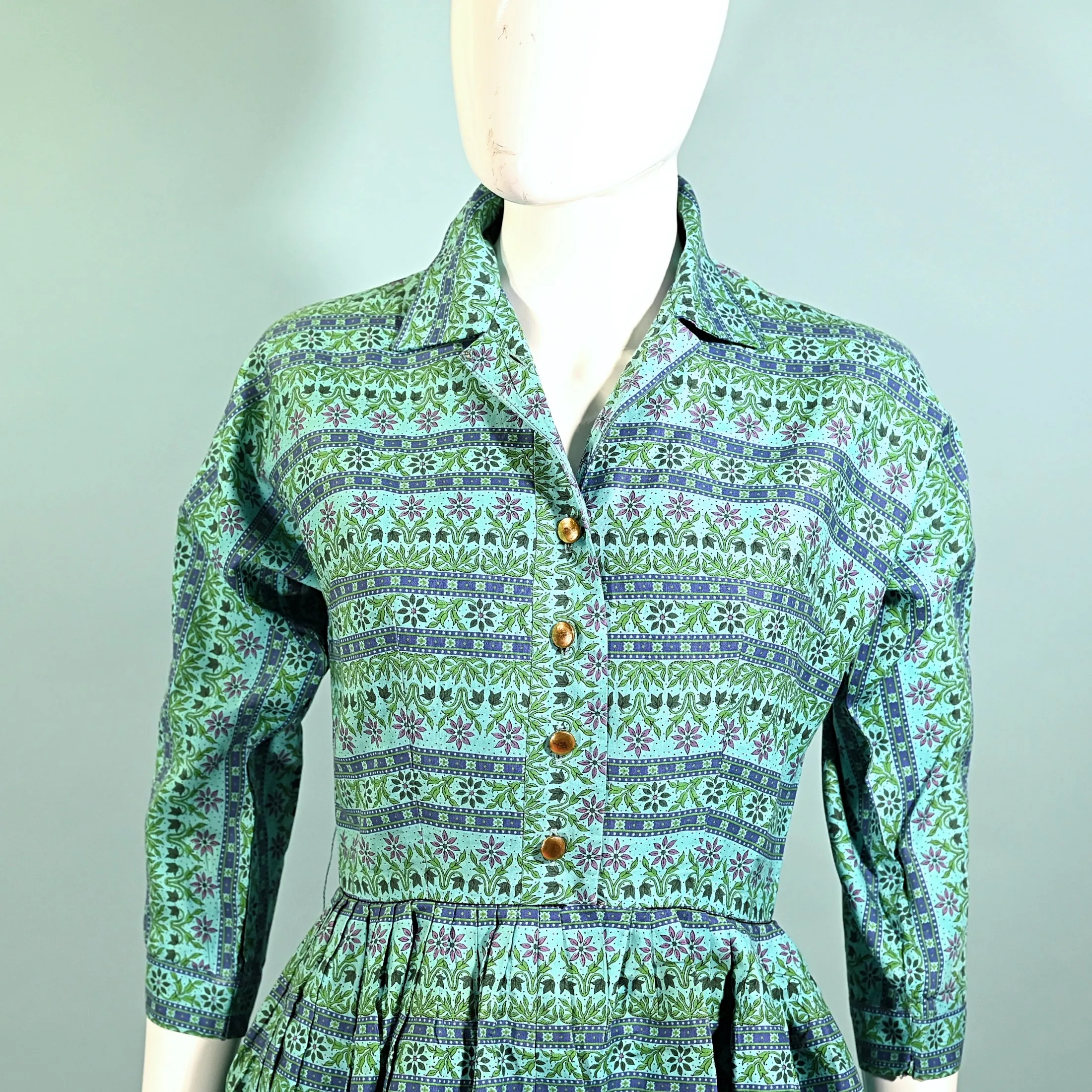 Factor of Boston, Vintage 50s/60s Turquoise Shirtwaist Dress, Fitted 26" Waist