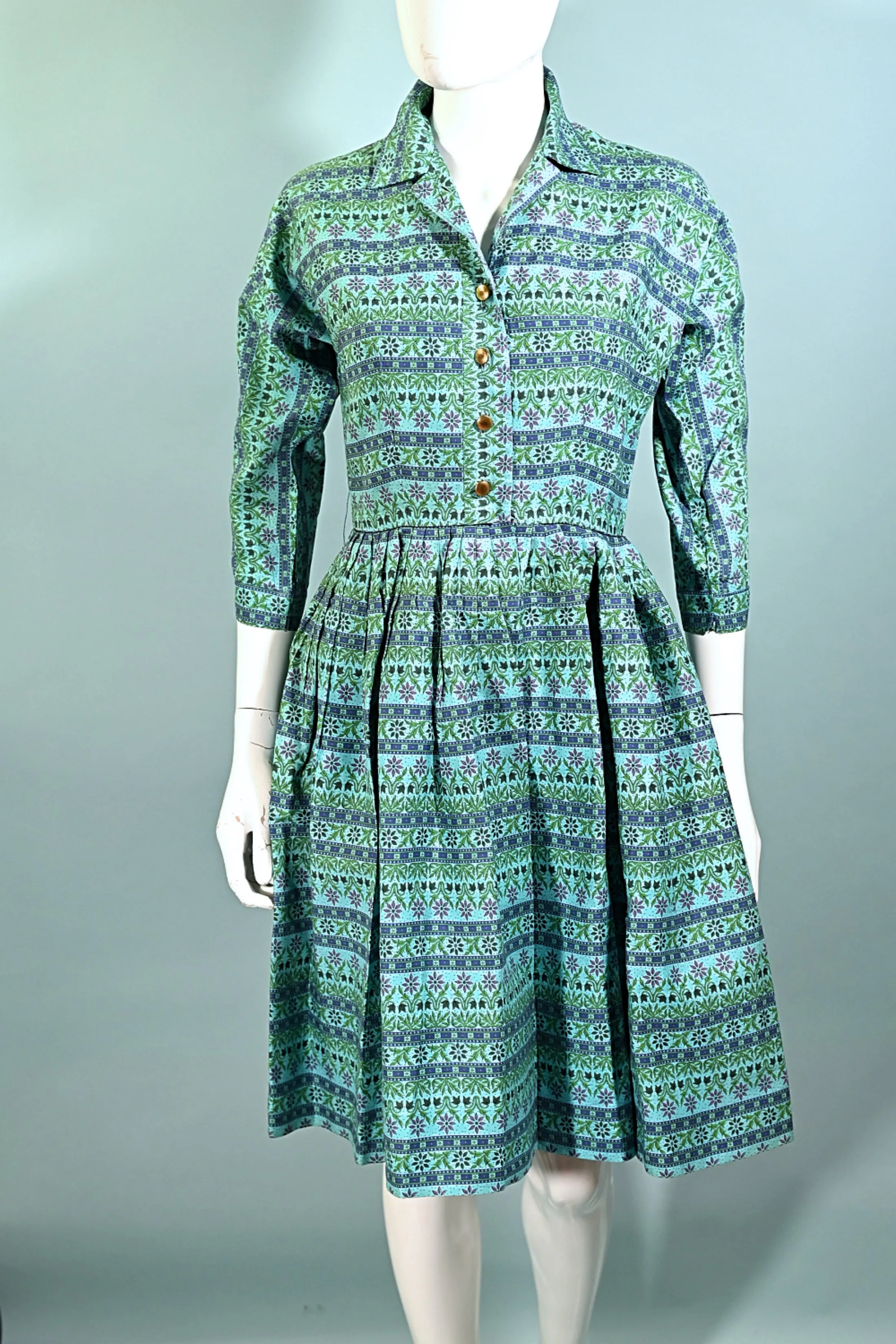 Factor of Boston, Vintage 50s/60s Turquoise Shirtwaist Dress, Fitted 26" Waist