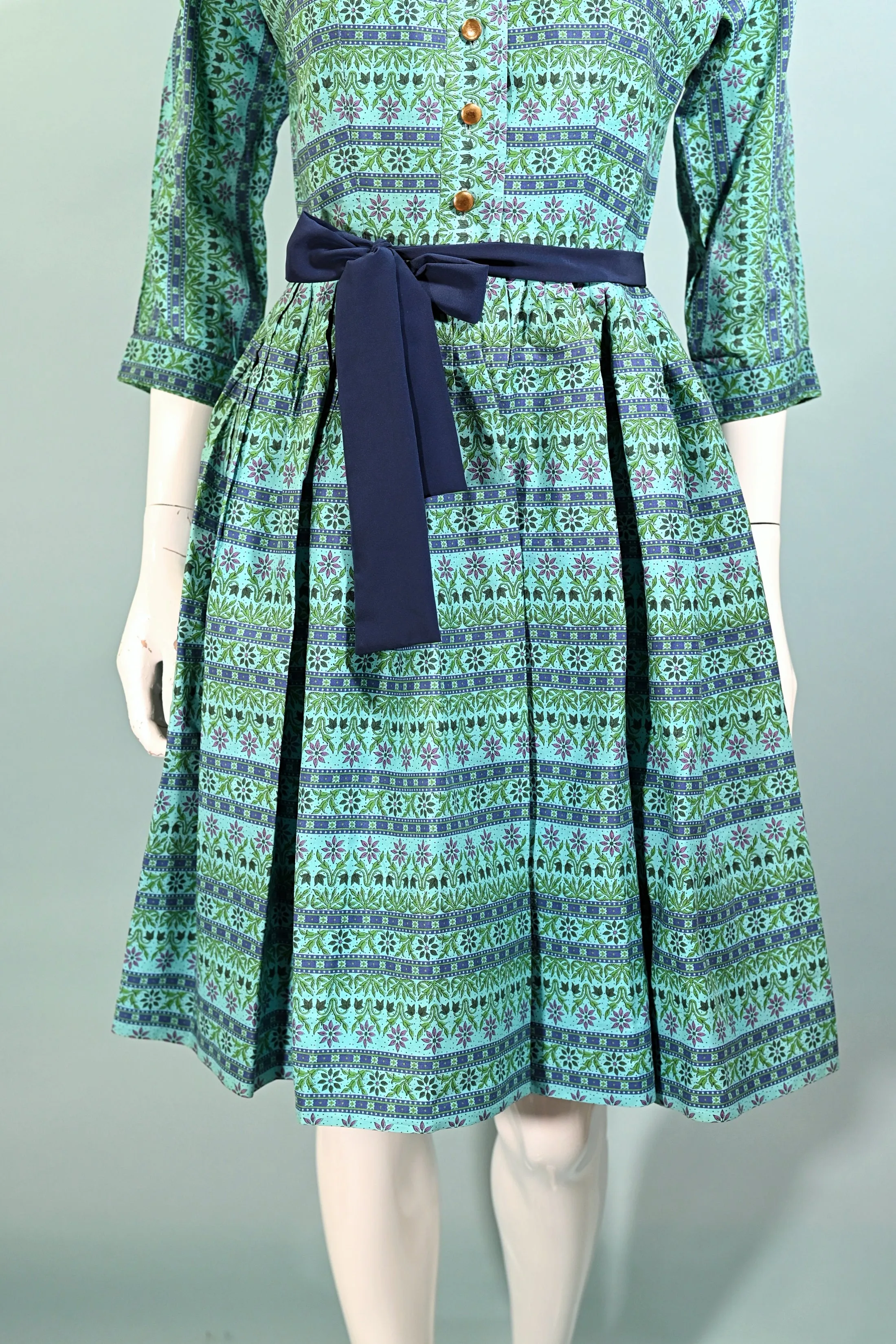 Factor of Boston, Vintage 50s/60s Turquoise Shirtwaist Dress, Fitted 26" Waist
