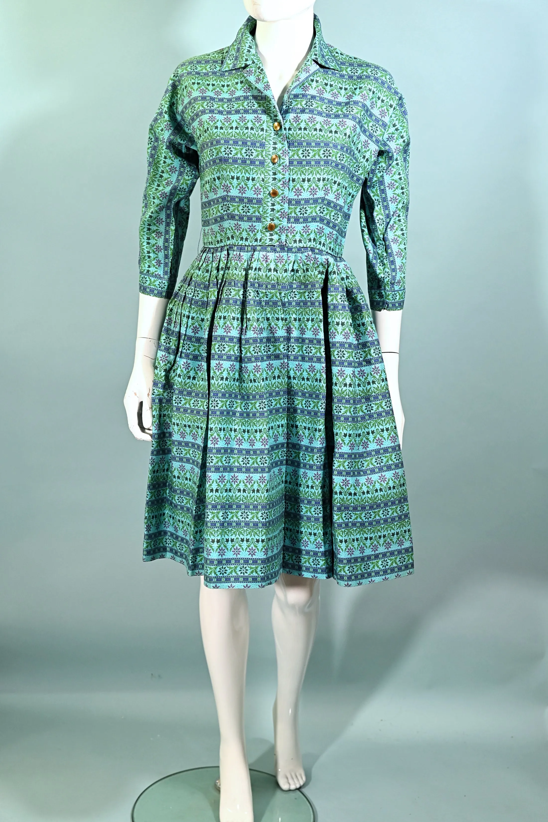 Factor of Boston, Vintage 50s/60s Turquoise Shirtwaist Dress, Fitted 26" Waist