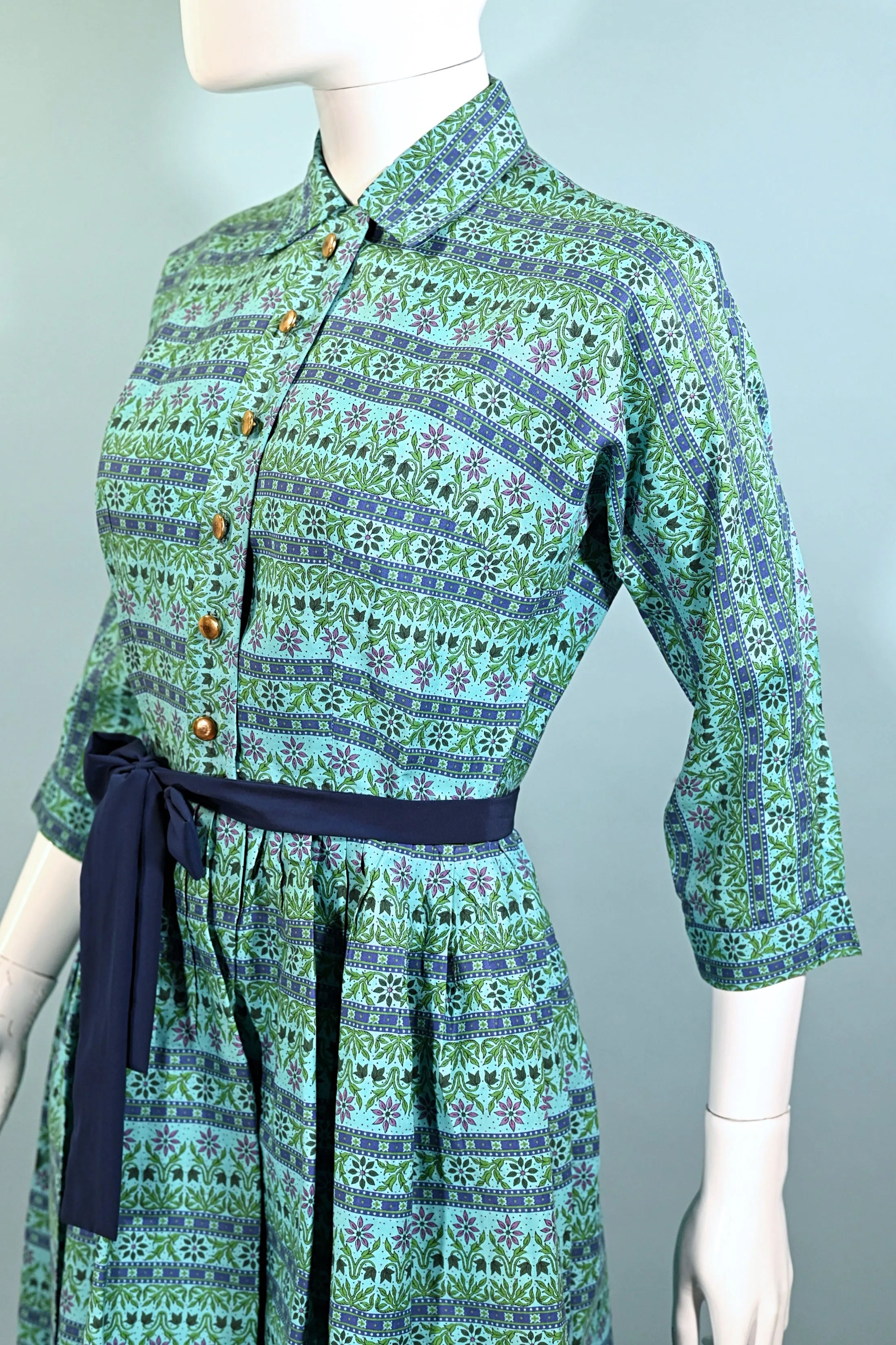 Factor of Boston, Vintage 50s/60s Turquoise Shirtwaist Dress, Fitted 26" Waist