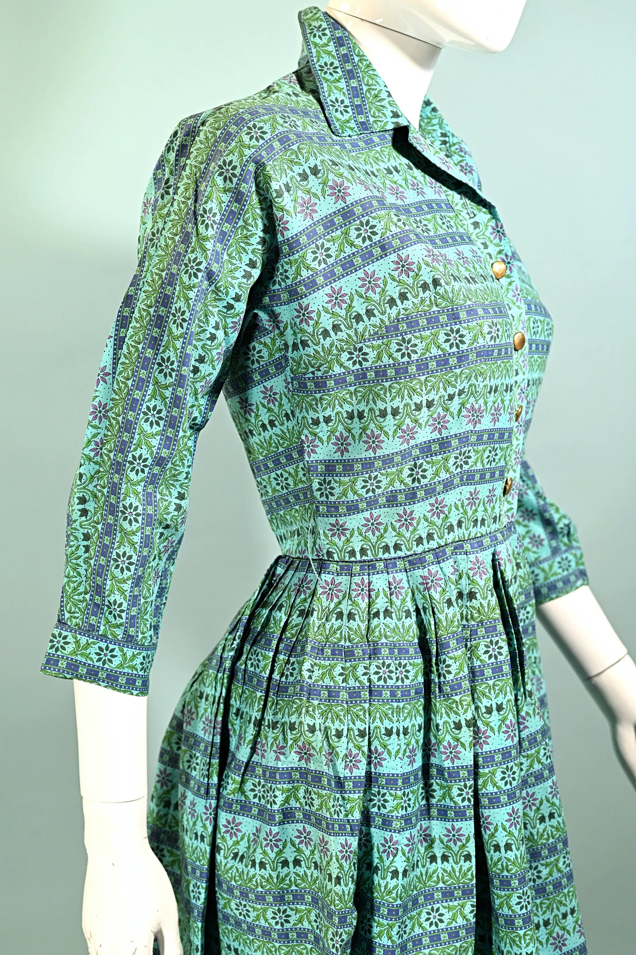 Factor of Boston, Vintage 50s/60s Turquoise Shirtwaist Dress, Fitted 26" Waist