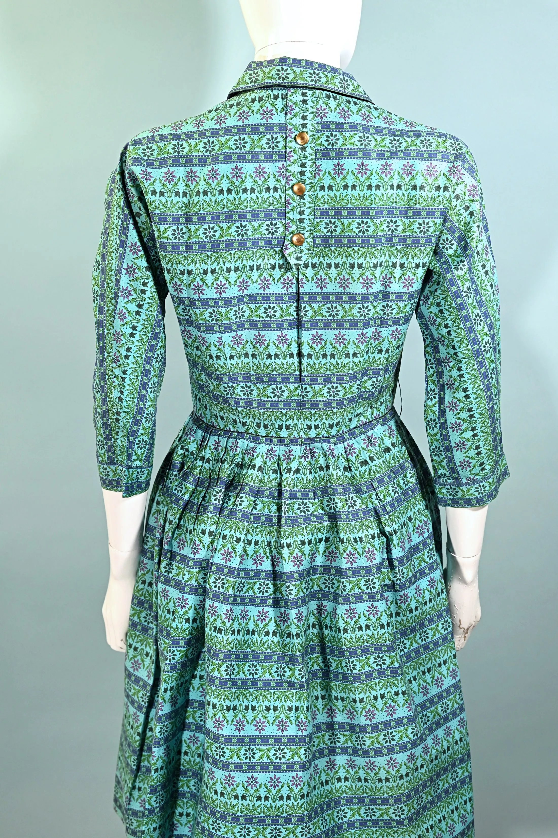 Factor of Boston, Vintage 50s/60s Turquoise Shirtwaist Dress, Fitted 26" Waist