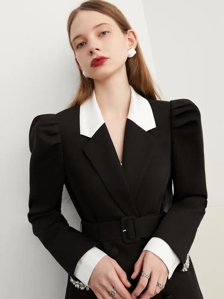 Fall Autumn Premium Black and White Contrast  crystal pocket Blazer dress- Darlyn