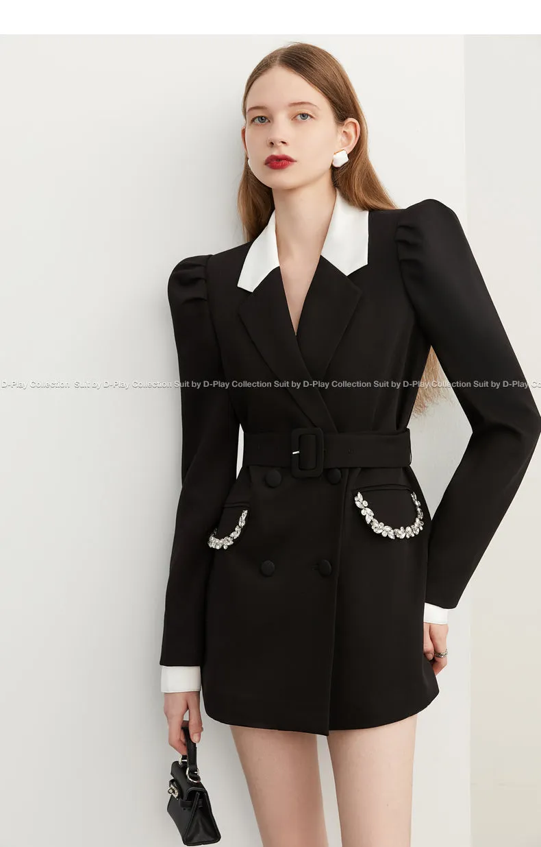 Fall Autumn Premium Black and White Contrast  crystal pocket Blazer dress- Darlyn