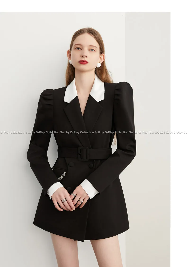 Fall Autumn Premium Black and White Contrast  crystal pocket Blazer dress- Darlyn