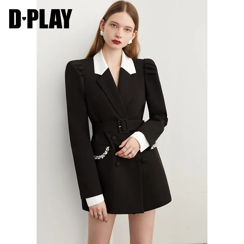 Fall Autumn Premium Black and White Contrast  crystal pocket Blazer dress- Darlyn