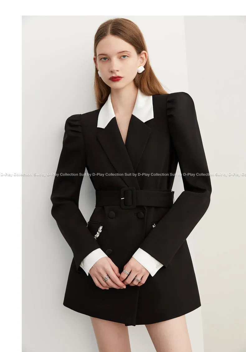 Fall Autumn Premium Black and White Contrast  crystal pocket Blazer dress- Darlyn