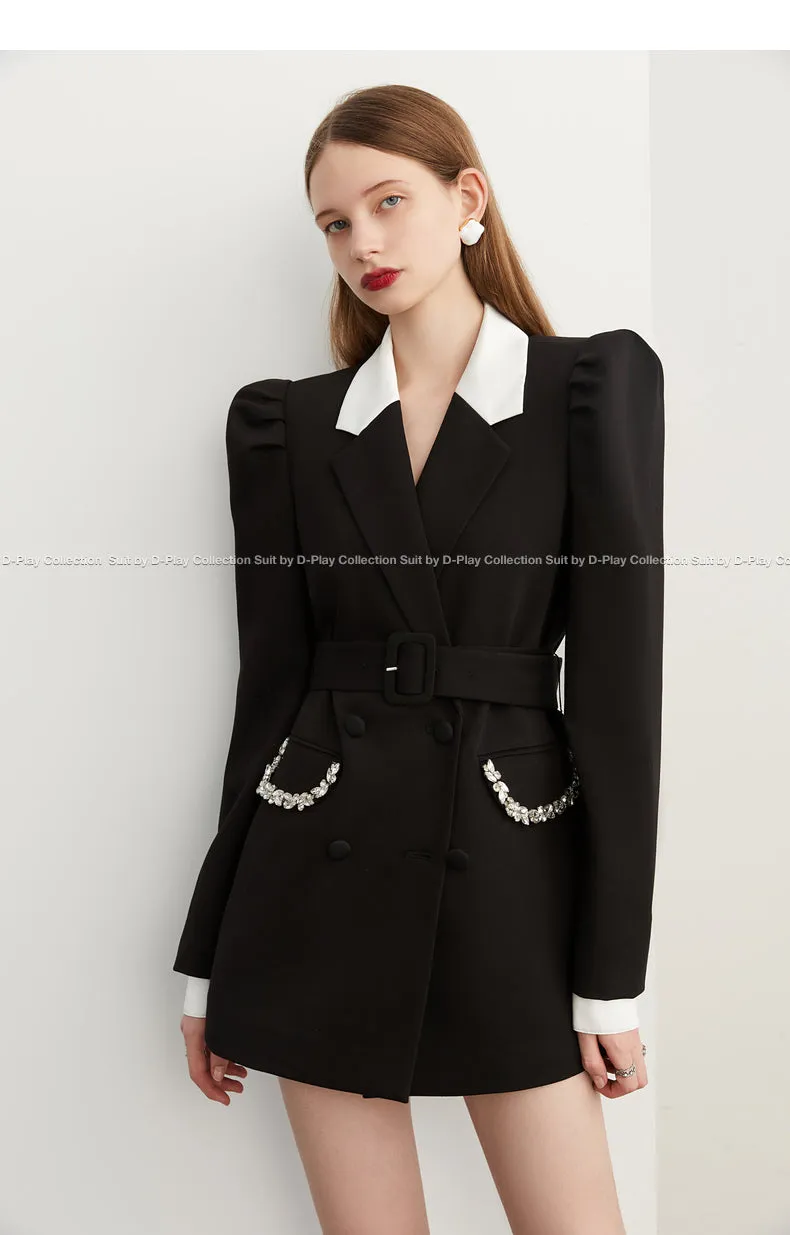 Fall Autumn Premium Black and White Contrast  crystal pocket Blazer dress- Darlyn