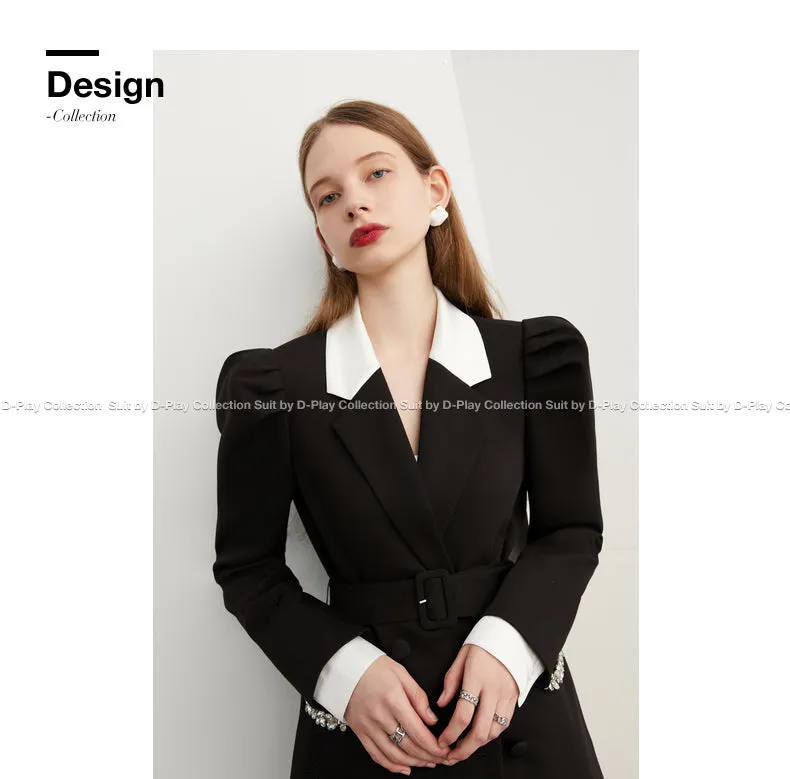 Fall Autumn Premium Black and White Contrast  crystal pocket Blazer dress- Darlyn