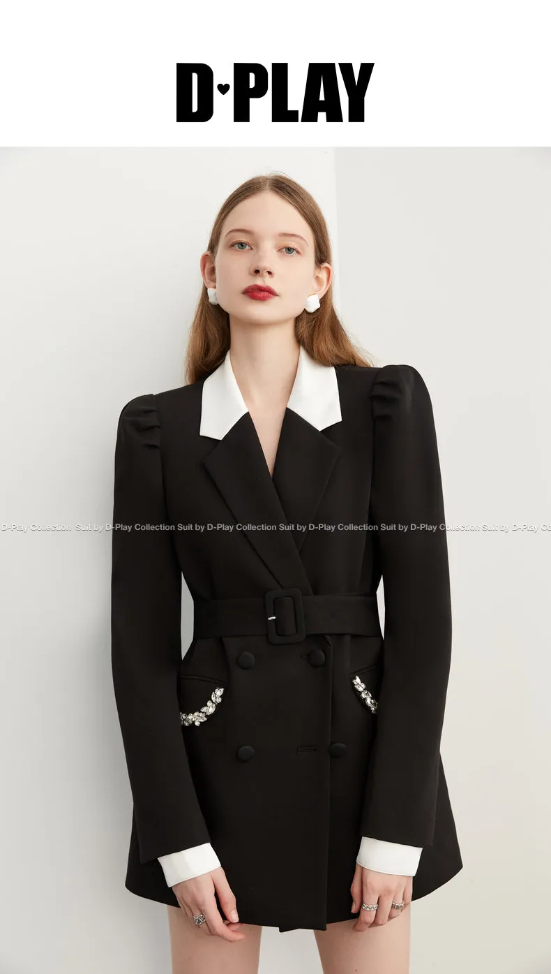 Fall Autumn Premium Black and White Contrast  crystal pocket Blazer dress- Darlyn