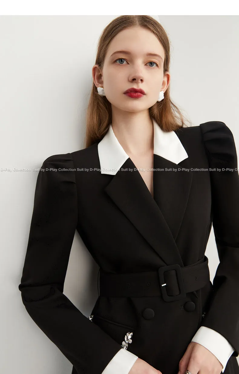 Fall Autumn Premium Black and White Contrast  crystal pocket Blazer dress- Darlyn
