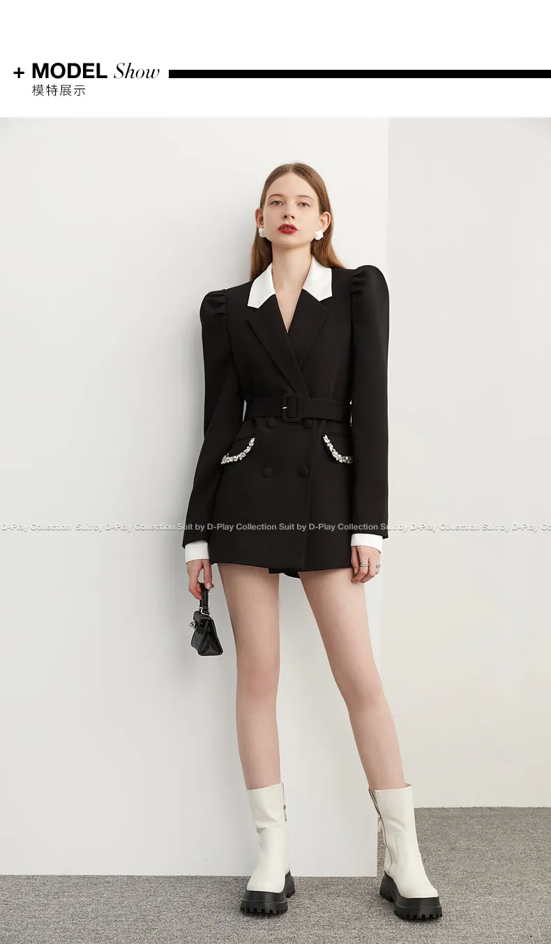 Fall Autumn Premium Black and White Contrast  crystal pocket Blazer dress- Darlyn