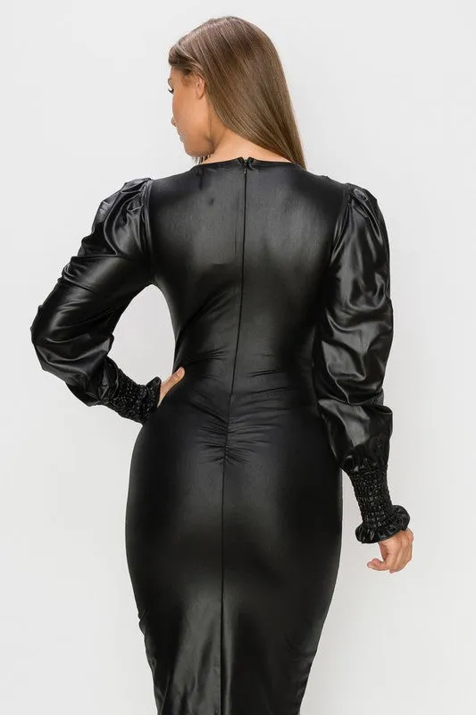 FAUX LEATHER V NECK SHIRRING LONG SLEEVED DRESS