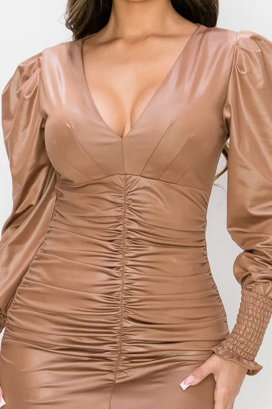 FAUX LEATHER V NECK SHIRRING LONG SLEEVED DRESS