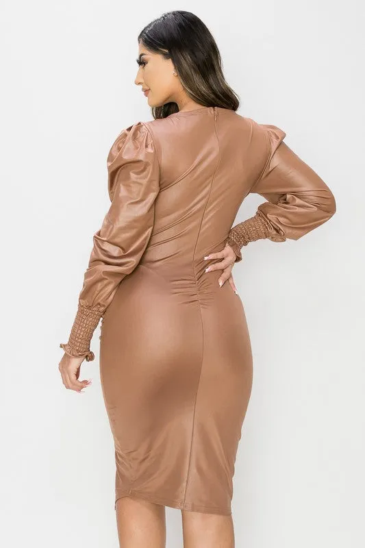FAUX LEATHER V NECK SHIRRING LONG SLEEVED DRESS