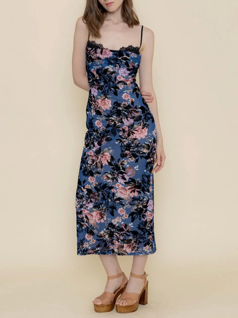 Floral Flocked Midi Dress - Blue