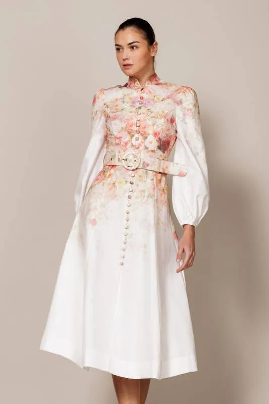 FLORAL PRINTED BUTTON DOWN LONG SLEEVE MIDI DRESS