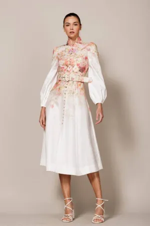 FLORAL PRINTED BUTTON DOWN LONG SLEEVE MIDI DRESS