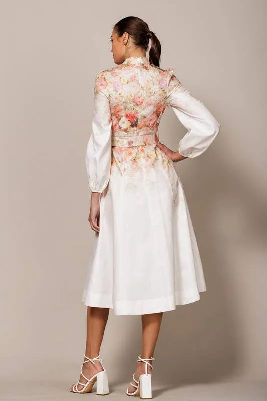 FLORAL PRINTED BUTTON DOWN LONG SLEEVE MIDI DRESS