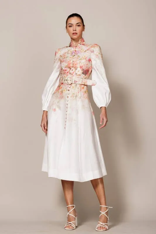 FLORAL PRINTED BUTTON DOWN LONG SLEEVE MIDI DRESS