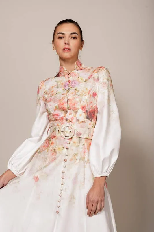 FLORAL PRINTED BUTTON DOWN LONG SLEEVE MIDI DRESS